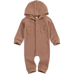 imageKuriozud Newborn Unisex Baby Boy Girl Hoodie Romper Solid Long Sleeve One Piece Hooded Jumpsuit Waffle OutfitCoffee