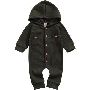 imageKuriozud Newborn Unisex Baby Boy Girl Hoodie Romper Solid Long Sleeve One Piece Hooded Jumpsuit Waffle OutfitGreen