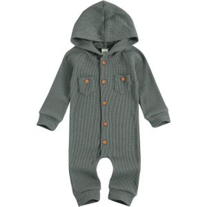imageKuriozud Newborn Unisex Baby Boy Girl Hoodie Romper Solid Long Sleeve One Piece Hooded Jumpsuit Waffle OutfitGrey