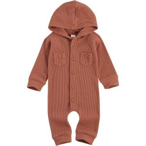 imageKuriozud Newborn Unisex Baby Boy Girl Hoodie Romper Solid Long Sleeve One Piece Hooded Jumpsuit Waffle OutfitOrange Red