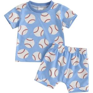 imageKuriozud Toddler Baby Boy Baseball Outfit Short Sleeve Shirt Top and Shorts Set Spring Summer ClothesBaseball Blue