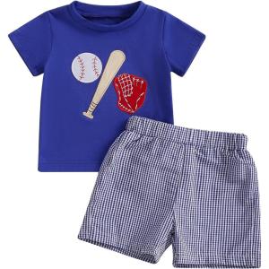imageKuriozud Toddler Baby Boy Baseball Outfit Short Sleeve Shirt Top and Shorts Set Spring Summer ClothesBlue Shirt Plaid Shorts