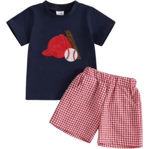 imageKuriozud Toddler Baby Boy Baseball Outfit Short Sleeve Shirt Top and Shorts Set Spring Summer ClothesBlue Shirt Plaid Shorts Red