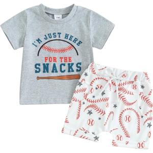 imageKuriozud Toddler Baby Boy Baseball Outfit Short Sleeve Shirt Top and Shorts Set Spring Summer ClothesGray Shirt White Shorts