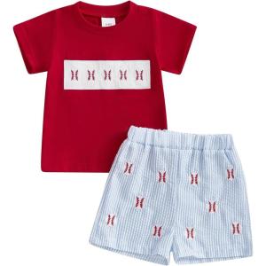 imageKuriozud Toddler Baby Boy Baseball Outfit Short Sleeve Shirt Top and Shorts Set Spring Summer ClothesRed Shirt Striped Shorts Blue