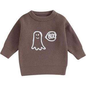 imageKuriozud Toddler Baby Boy Girl Sweater Checkerboard Knit Crewneck Sweatshirt Soft Warm Fall Winter ClothesGhost Coffee