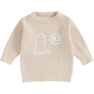 imageKuriozud Toddler Baby Boy Girl Sweater Checkerboard Knit Crewneck Sweatshirt Soft Warm Fall Winter ClothesGhost Cream