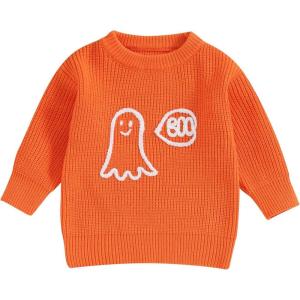 imageKuriozud Toddler Baby Boy Girl Sweater Checkerboard Knit Crewneck Sweatshirt Soft Warm Fall Winter ClothesGhost Orange