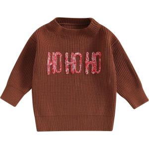 imageKuriozud Toddler Baby Boy Girl Sweater Checkerboard Knit Crewneck Sweatshirt Soft Warm Fall Winter ClothesHo Ho Ho Brown