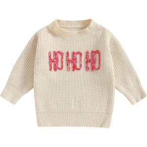 imageKuriozud Toddler Baby Boy Girl Sweater Checkerboard Knit Crewneck Sweatshirt Soft Warm Fall Winter ClothesHo Ho Ho Cream