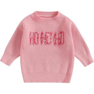 imageKuriozud Toddler Baby Boy Girl Sweater Checkerboard Knit Crewneck Sweatshirt Soft Warm Fall Winter ClothesHo Ho Ho Pink