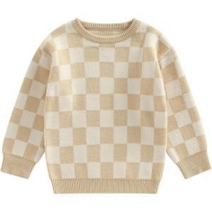 imageKuriozud Toddler Baby Boy Girl Sweater Checkerboard Knit Crewneck Sweatshirt Soft Warm Fall Winter ClothesPlaid Beige