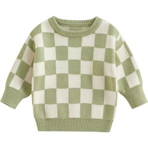 imageKuriozud Toddler Baby Boy Girl Sweater Checkerboard Knit Crewneck Sweatshirt Soft Warm Fall Winter ClothesPlaid Green