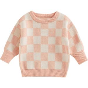 imageKuriozud Toddler Baby Boy Girl Sweater Checkerboard Knit Crewneck Sweatshirt Soft Warm Fall Winter ClothesPlaid Pink