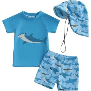 imageToddler Baby Boy Swimsuit Infant Zipper Rash Guard Swimwear TShirt and Swim Trunk Sun Hat 3 Piece Bathing SuitA Blue Shark Swimsuit