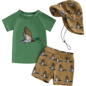 imageToddler Baby Boy Swimsuit Infant Zipper Rash Guard Swimwear TShirt and Swim Trunk Sun Hat 3 Piece Bathing SuitA Green Duck Swimsuit