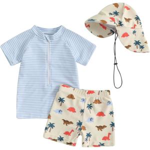 imageToddler Baby Boy Swimsuit Infant Zipper Rash Guard Swimwear TShirt and Swim Trunk Sun Hat 3 Piece Bathing SuitDinosaurblue