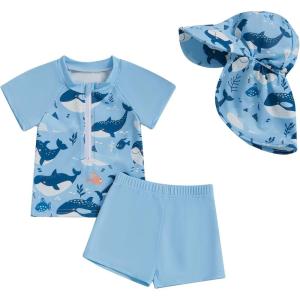 imageToddler Baby Boy Swimsuit Infant Zipper Rash Guard Swimwear TShirt and Swim Trunk Sun Hat 3 Piece Bathing SuitSharkblue