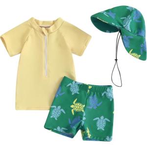 imageToddler Baby Boy Swimsuit Infant Zipper Rash Guard Swimwear TShirt and Swim Trunk Sun Hat 3 Piece Bathing SuitTurtleyellow