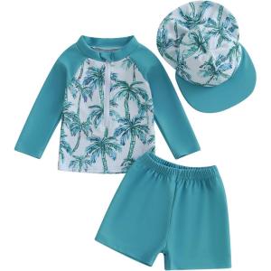 imageToddler Baby Boy Swimsuit Infant Zipper Rash Guard Swimwear TShirt and Swim Trunk Sun Hat 3 Piece Bathing SuitZ Coconut Tree Sky Blue