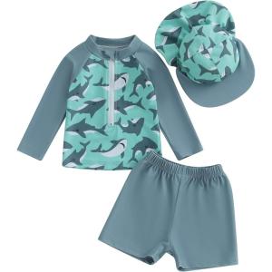 imageToddler Baby Boy Swimsuit Infant Zipper Rash Guard Swimwear TShirt and Swim Trunk Sun Hat 3 Piece Bathing SuitZ Dark Grey Shark