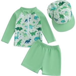 imageToddler Baby Boy Swimsuit Infant Zipper Rash Guard Swimwear TShirt and Swim Trunk Sun Hat 3 Piece Bathing SuitZ Dinosaur Army Green