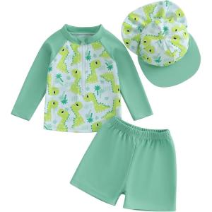 imageToddler Baby Boy Swimsuit Infant Zipper Rash Guard Swimwear TShirt and Swim Trunk Sun Hat 3 Piece Bathing SuitZ Dinosaur Green