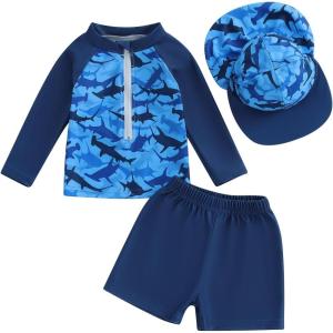 imageToddler Baby Boy Swimsuit Infant Zipper Rash Guard Swimwear TShirt and Swim Trunk Sun Hat 3 Piece Bathing SuitZ Shark Blue