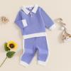 imageKuriozud Toddler Boy Fall Clothes Baby Long Sleeve Lapel Button Shirt Color Block Pocket Pants Set Baby Boy Winter OutfitColor Block Blue