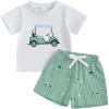 Golf Cart White Shirt Striped Green Shorts