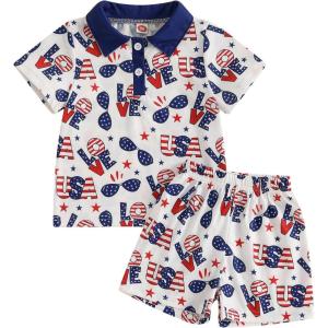 imageKuriozud Baby Boy 4th of July Outfit Baby Boys Polo Shirt American Flag Shorts Set Toddler Little Boy Fourth of July Clothes4th July Blue Floral