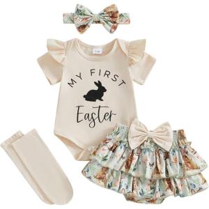 imageKuriozud My First 4th of July Outfit Baby Girl Romper Onesie BodysuitRuffle Tutu Shorts Bloomer 1st Fourth of July ClothesBeige My 1st Easter
