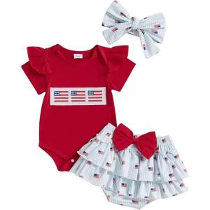 imageKuriozud My First 4th of July Outfit Baby Girl Romper Onesie BodysuitRuffle Tutu Shorts Bloomer 1st Fourth of July ClothesRed D