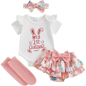 imageKuriozud My First 4th of July Outfit Baby Girl Romper Onesie BodysuitRuffle Tutu Shorts Bloomer 1st Fourth of July ClothesWhite My 1st Easter