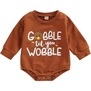 imageKuriozud Newborn Baby Boy Girl Bubble Romper Funny Letter Long Sleeve Oversized Sweater Tops Fall Winter ClothesGobble Til You Wobble B