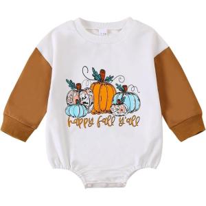 imageKuriozud Newborn Baby Boy Girl Bubble Romper Funny Letter Long Sleeve Oversized Sweater Tops Fall Winter ClothesHappy Fall Yall White