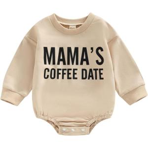 imageKuriozud Newborn Baby Boy Girl Bubble Romper Funny Letter Long Sleeve Oversized Sweater Tops Fall Winter ClothesMamas Coffee Date Beige