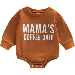 imageKuriozud Newborn Baby Boy Girl Bubble Romper Funny Letter Long Sleeve Oversized Sweater Tops Fall Winter ClothesMamas Coffee Date Brown