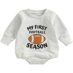 imageKuriozud Newborn Baby Boy Girl Bubble Romper Funny Letter Long Sleeve Oversized Sweater Tops Fall Winter ClothesMy First Football Season
