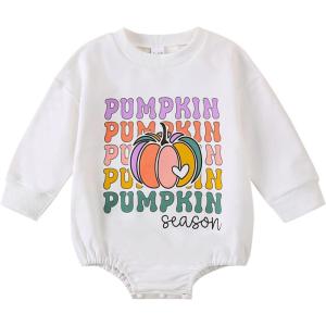 imageKuriozud Newborn Baby Boy Girl Bubble Romper Funny Letter Long Sleeve Oversized Sweater Tops Fall Winter ClothesPumokin Season White