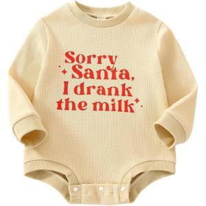 imageKuriozud Newborn Baby Boy Girl Bubble Romper Funny Letter Long Sleeve Oversized Sweater Tops Fall Winter ClothesSorry Santa I Drink Milk