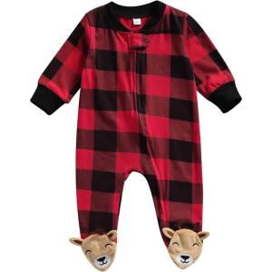 imageKuriozud Newborn Baby Girl Boy Footie Romper One Piece Jumpsuit Sleeper Infant ClothesPlaid Zipper Footie B
