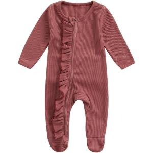 imageKuriozud Newborn Baby Girl Boy Footie Romper One Piece Jumpsuit Sleeper Infant ClothesWaffle Ruffle Footie Light Red