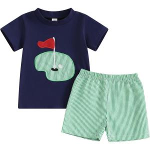 imageKuriozud Toddler Baby Boy Golf Outfit Short Sleeve T Shirt Top And Shorts Set Spring Summer ClothesBlue Shirt Plaid Shorts Green