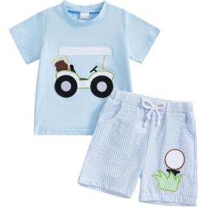 imageKuriozud Toddler Baby Boy Golf Outfit Short Sleeve T Shirt Top And Shorts Set Spring Summer ClothesBlue Shirt Striped Shorts Blue