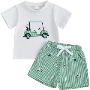 imageKuriozud Toddler Baby Boy Golf Outfit Short Sleeve T Shirt Top And Shorts Set Spring Summer ClothesGolf Cart White Shirt Striped Green Shorts