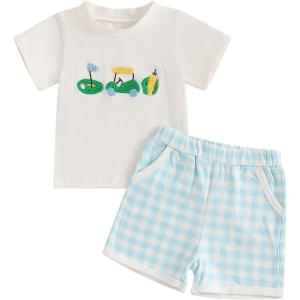 imageKuriozud Toddler Baby Boy Golf Outfit Short Sleeve T Shirt Top And Shorts Set Spring Summer ClothesGolf Embroidery Plaid Blue