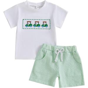 imageKuriozud Toddler Baby Boy Golf Outfit Short Sleeve T Shirt Top And Shorts Set Spring Summer ClothesWhite Shirt Striped Shorts Green