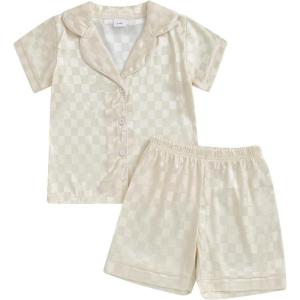 imageKuriozud Toddler Baby Girl Boy Satin Pajamas Set Kids Summer Pjs Set Short Sleeve Button Down Nightwear SleepwearChampagne