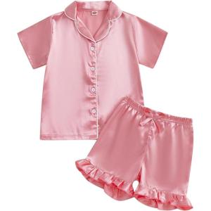 imageKuriozud Toddler Baby Girl Boy Satin Pajamas Set Kids Summer Pjs Set Short Sleeve Button Down Nightwear SleepwearDdpink